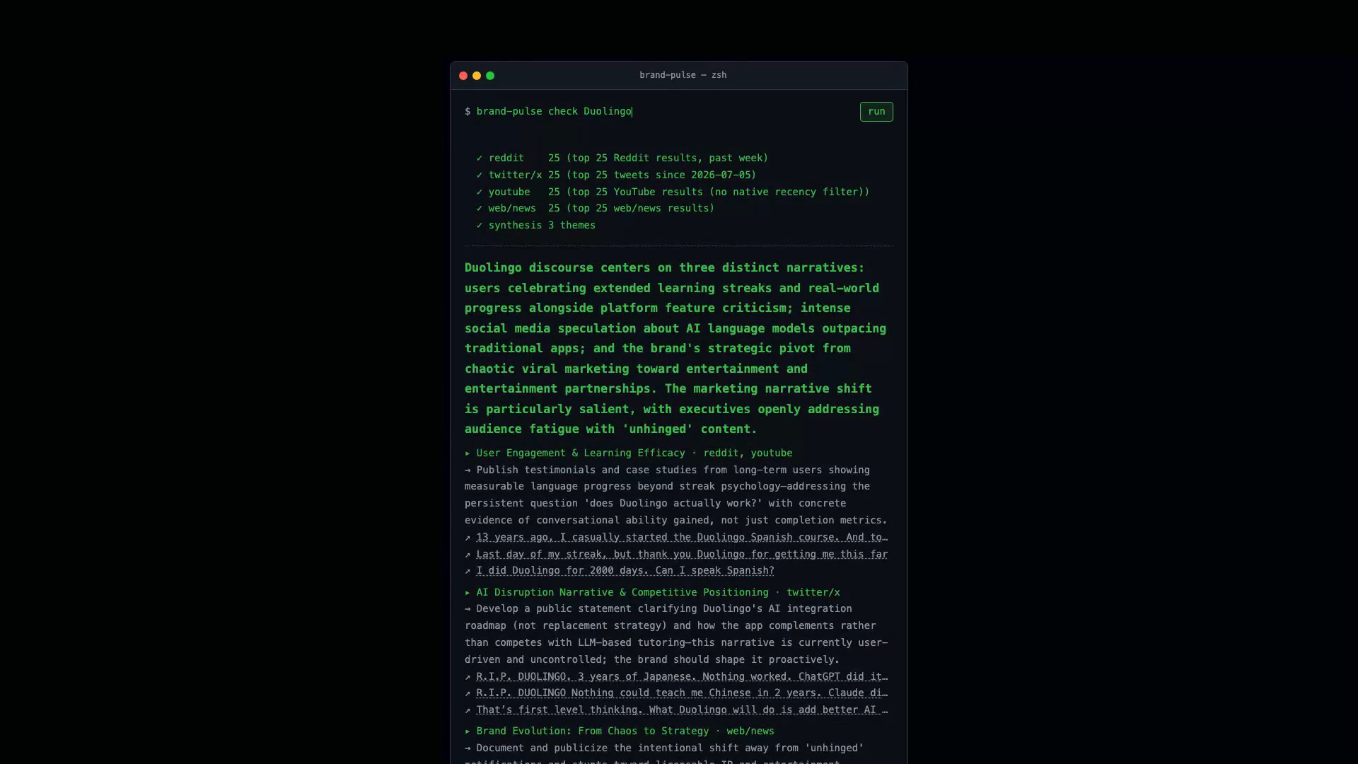 Brand Pulse terminal-styled web UI showing a completed Duolingo brand check, with themes and real clickable citations