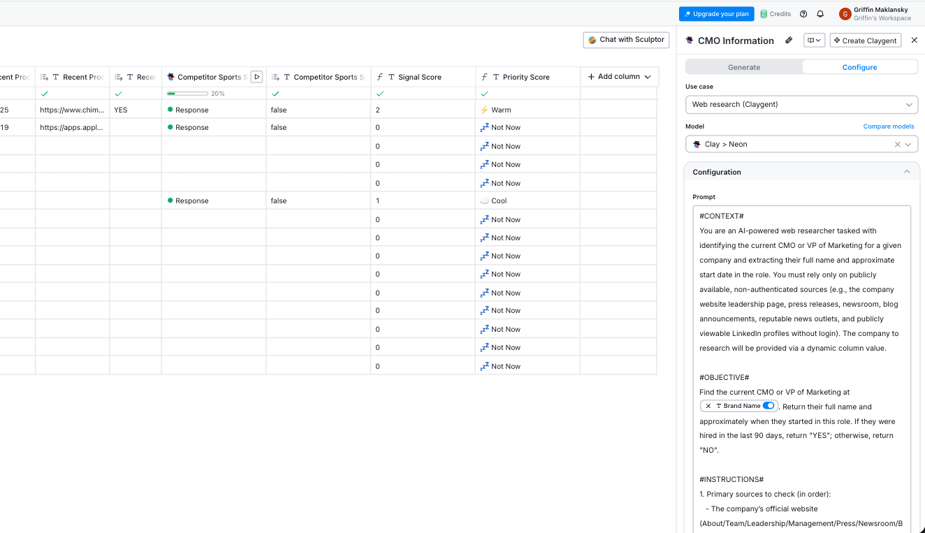 Brand Sponsorship Signal Finder Clay table — columns for Signal Score, Priority Score, Competitor Sports deals, and a Claygent CMO Information panel open on the right