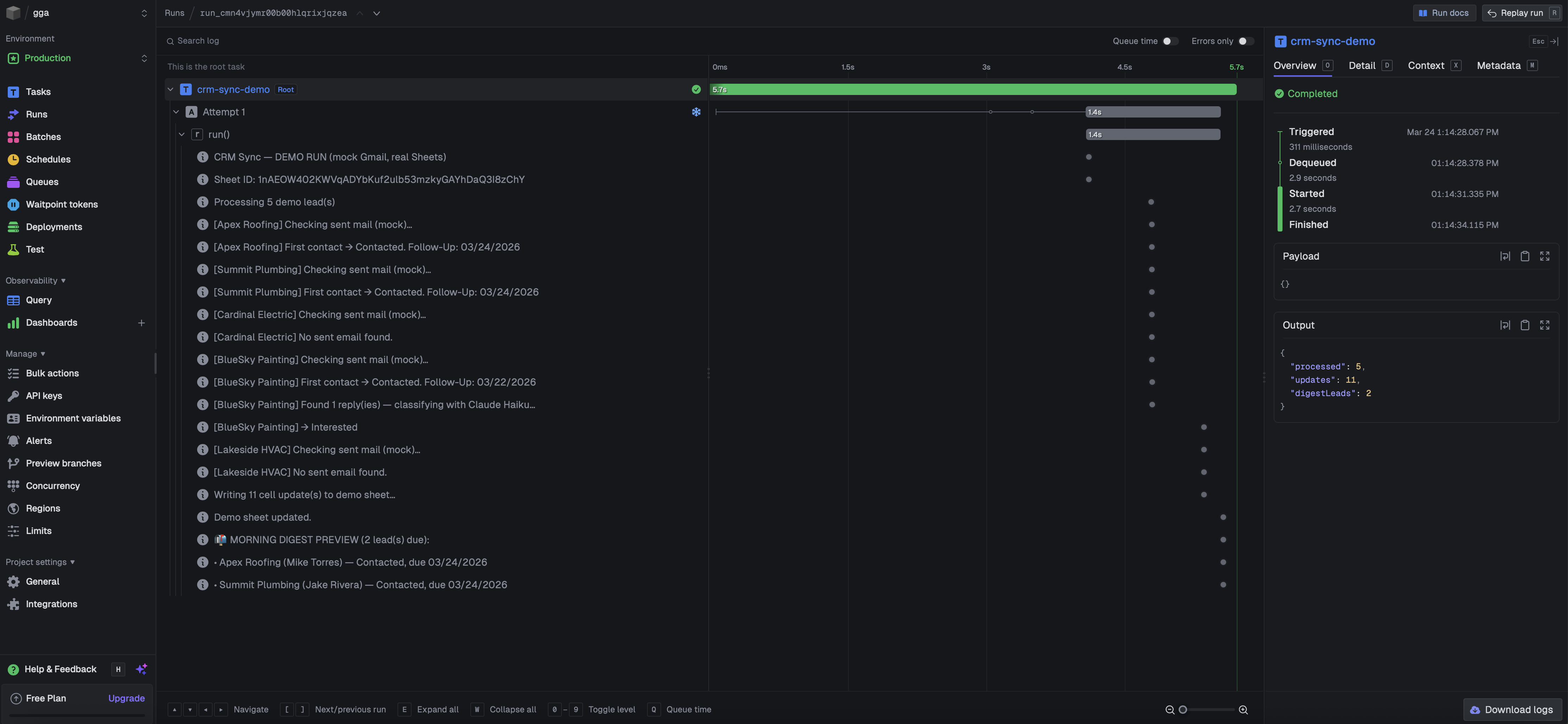 CRM Sync pipeline running in Trigger.dev — scheduled tasks visible with timing and output