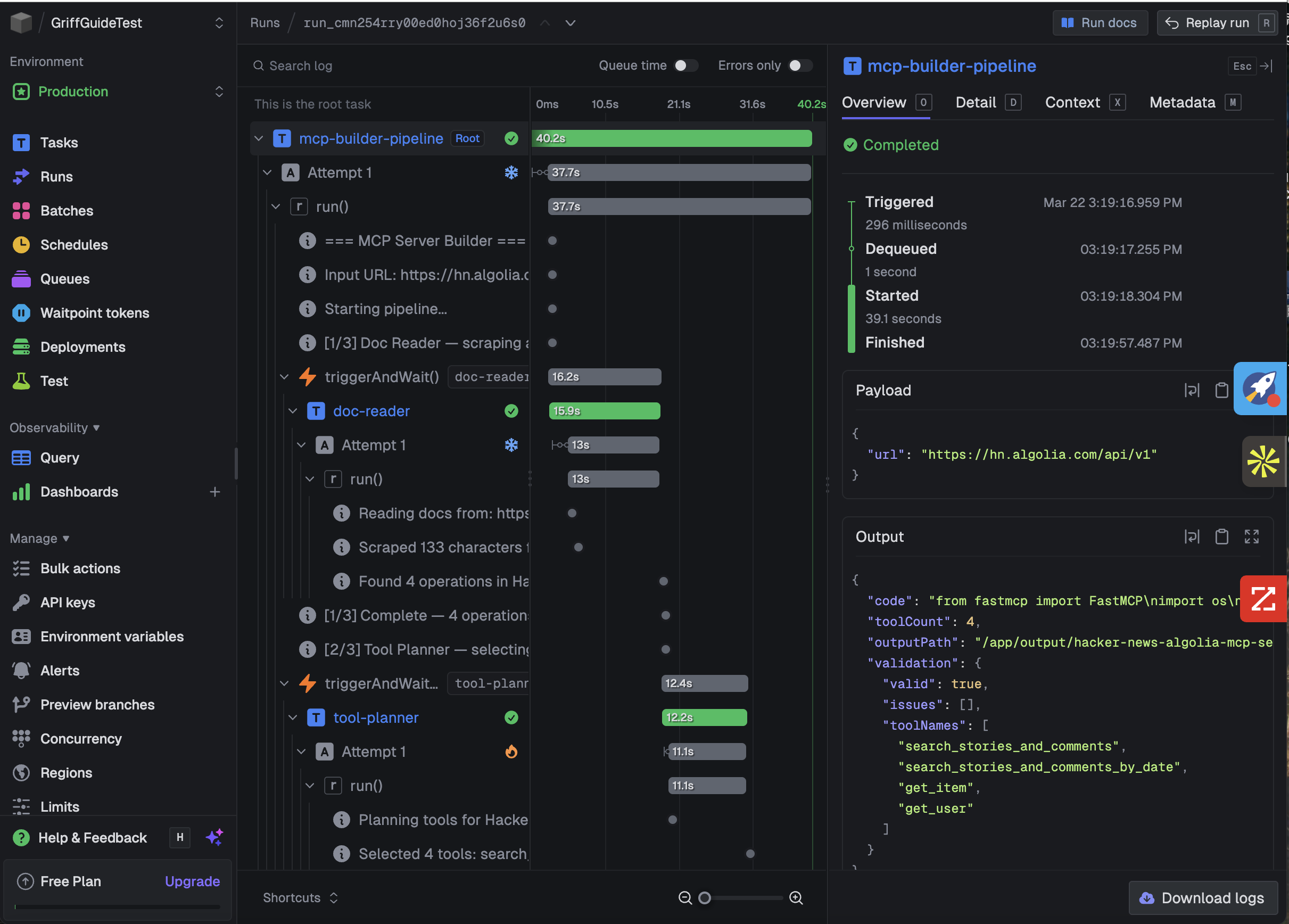 MCP Server Builder pipeline running in Trigger.dev — three chained tasks visible with timing and output