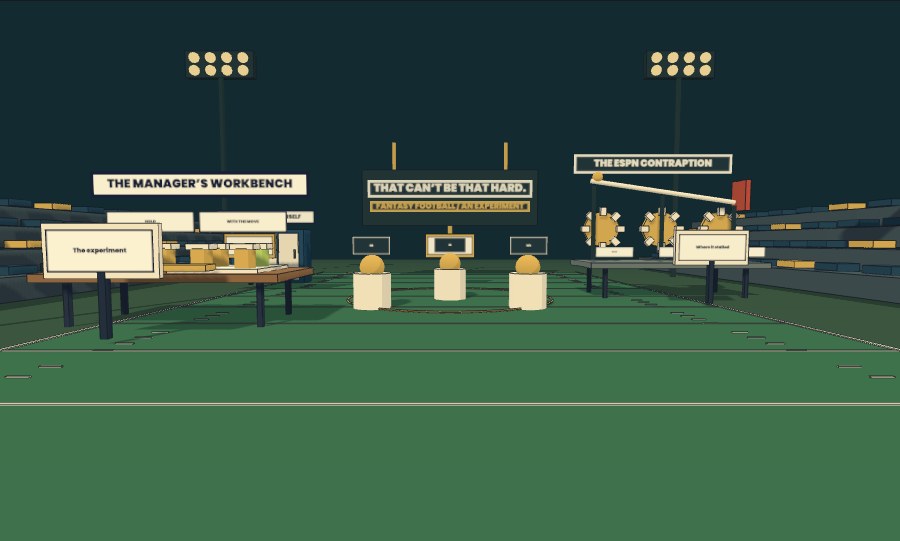 A miniature football stadium with a manager’s workbench and stalled machine